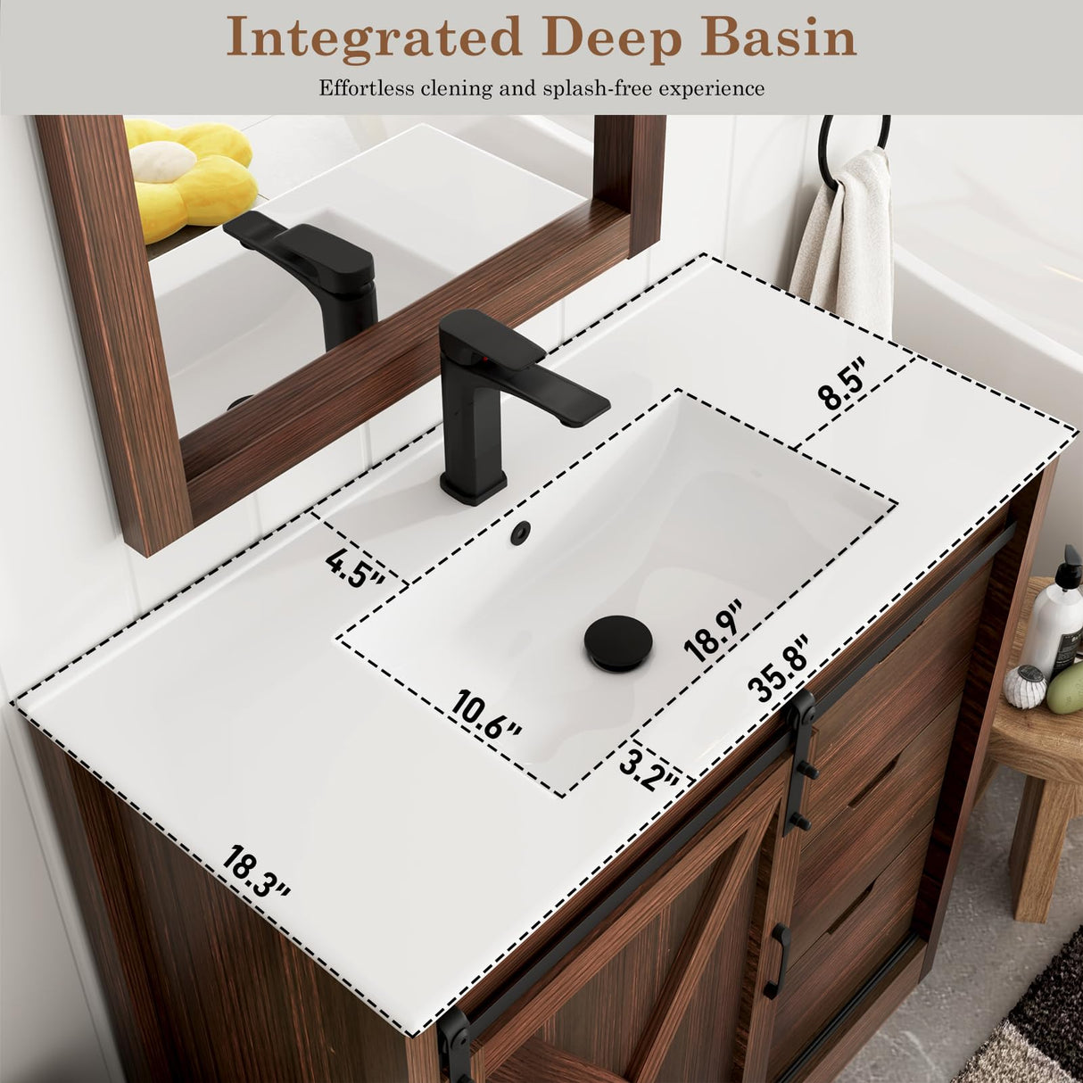 chartustriable 36 Inch Bathroom Vanity with Sink & Faucet & Mirror, Farmhouse Bathroom Vanity Cabinet Set with Sliding Barn Door & Drawers, Small Single Bath Storage Vanity Sink, Brown chartustriable