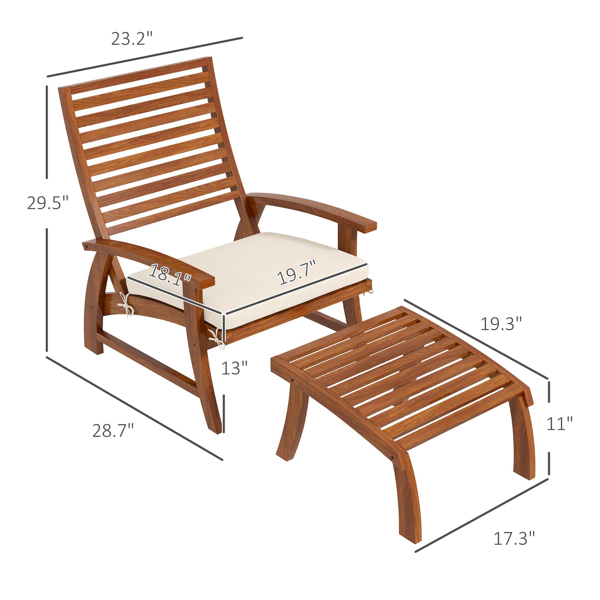 Outsunny 4 Piece Patio Furniture Set, 2 Chairs with Cushions & Ottomans, Outdoor Chair Set for 2 with Footstools, Slatted Acacia Wood Seat & Backrest, Cream White - WoodArtSupply