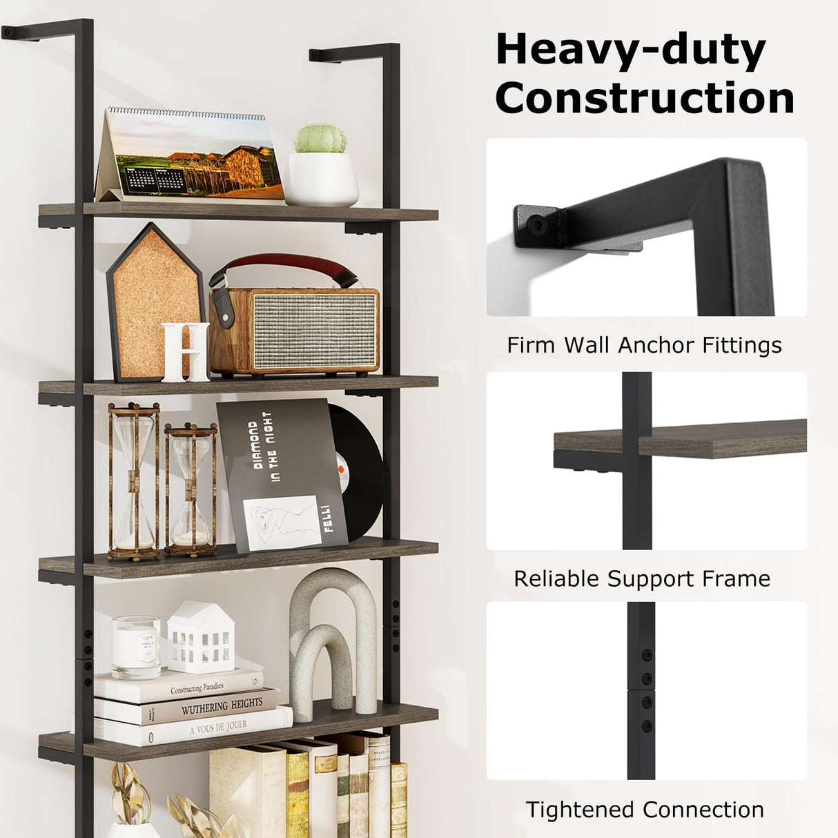 Tangkula Industrial 6-Tier Bookshelf, 72" Tall Wall Mounted Ladder Shelf with Heavy-Duty Metal Frame, Vintage Vertical Open Display Shelf Bookcase for Living Room, Office, Balcony (1, Oak Grey) Tangkula