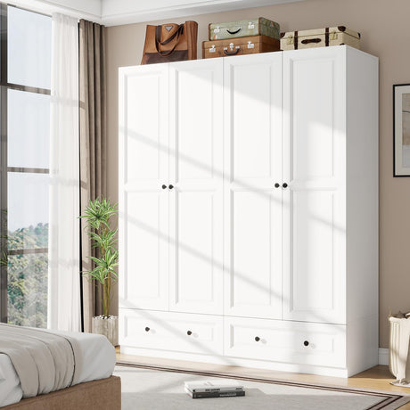 Vrmuxita Armoire Wardrobe Closet with Drawers: 74" White Tall Wooden Wardrobe Closet for Hanging Clothes, Large Bedroom Armoires with 2 Drawers, 4 Door Armoire Storage Cabinet (White, 63") Vrmuxita