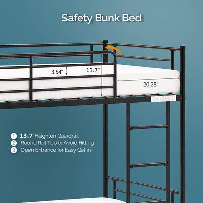 VINGLI Bunk Bed Twin Over Twin for Kids, Teens & Adults Bunk Bed with Stairs & Flat Rungs, Heavy Duty Metal Slats, No Box Spring Needed, Black