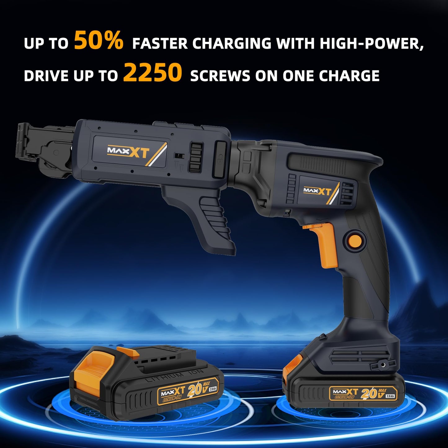 20V Drywall Screw Gun Brushless, MAXXT Cordless Lithium-Ion Brushless Self Feeding Drywall Screwdriver Autofeed 5000RPM with Collated Drywall Attachment（Included 2.0Ah Battery and Charger）