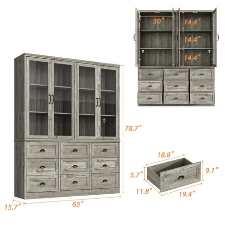Timechee 78.7" Tall Curio Display Cabinet for Collection, 3 Tier Bookshelf with 9 Drawers & 4 Tempered Glass Doors, Showcase Display Cabinets for Living Room with Adjustable Shelves, Antique Oak Timechee