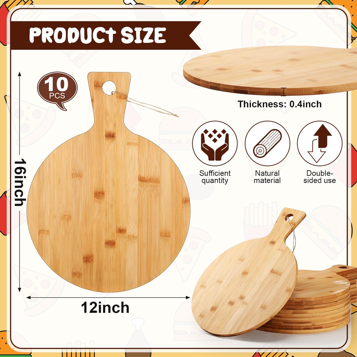 Kigley 10 Pcs Bamboo Cutting Board with Handle 12 Inch Bamboo Wooden Round Cutting Board Pizza Board Kitchen Chopping Boards for Home Baking Pizza Bread Cake Cheese Fruits Vegetables Charcute - WoodArtSupply