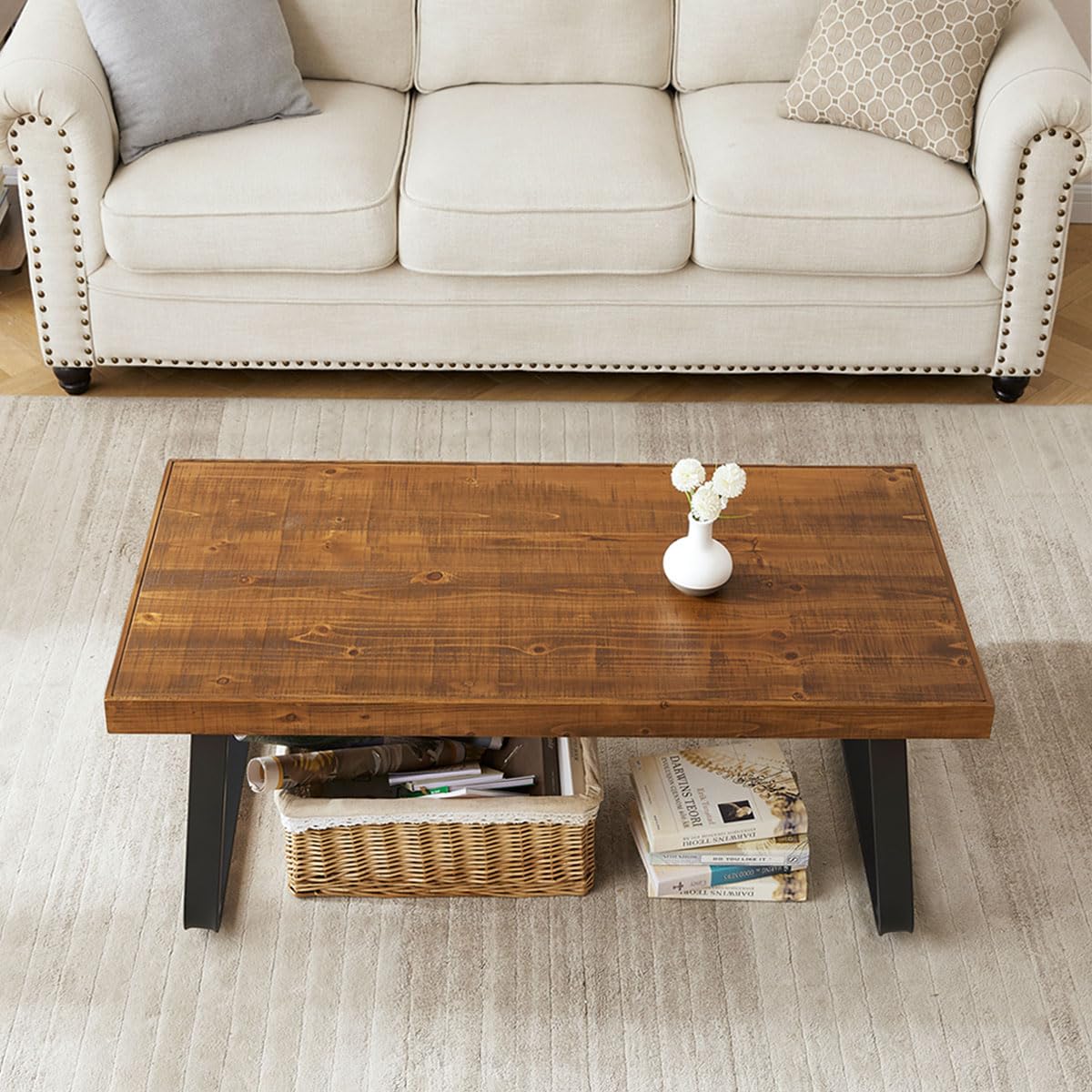 IBF Rustic Wood Coffee Table, Industrial Metal and Real Wood Center Table, Wood Farmhouse Real Solid Wooden Tea Table, Modern Minimalist Vintage Metal Rectangle Cocktail Table, Rustic Brown, 39 Inch IBF