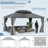 Aoxun 12' x 16' Permanent Hardtop Gazebo with Galvanized Steel Double Roof and Aluminum Frames Outdoor Large Pavilion Gazebo for Patio Deck Garden, Nettings and Curtains Included, Brown Aoxun
