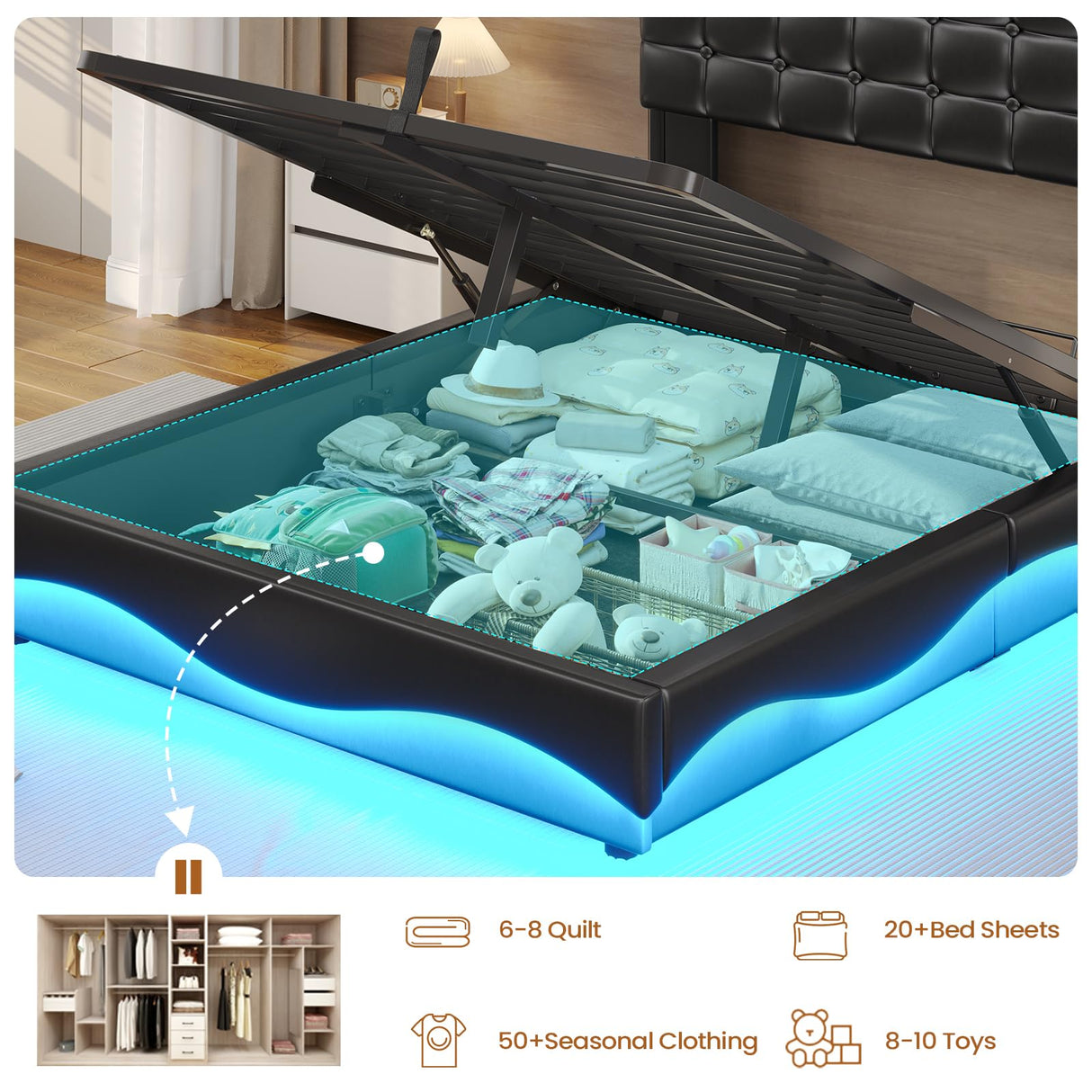 BTHFST Bed Frame Twin Size with Lift Up Storage, Power Outlet & RGB Lights, Upholastered Storage Headboard, Twin Boys Bed with Heavy Duty Steel Slats, No Box Spring Needed, PU Black BTHFST