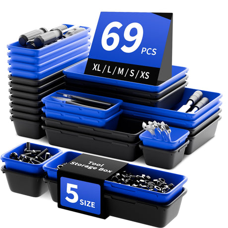 [5 Sizes] [69 PCS] Tool Drawer Organizer, Tool Box Organizer Tray, Desk Drawer Organizer Tray, Rolling Tool Chest Organizer, Toolbox Organizer (Black+Blue) FLYVOLE