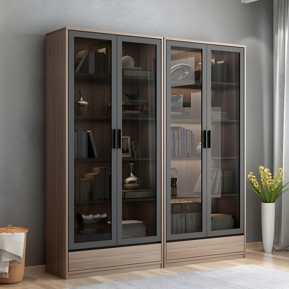 KWOKING Modern Wooden Bookcase with Glass Doors - 8 Shelves and 2 Drawer Storage Solution KWOKING