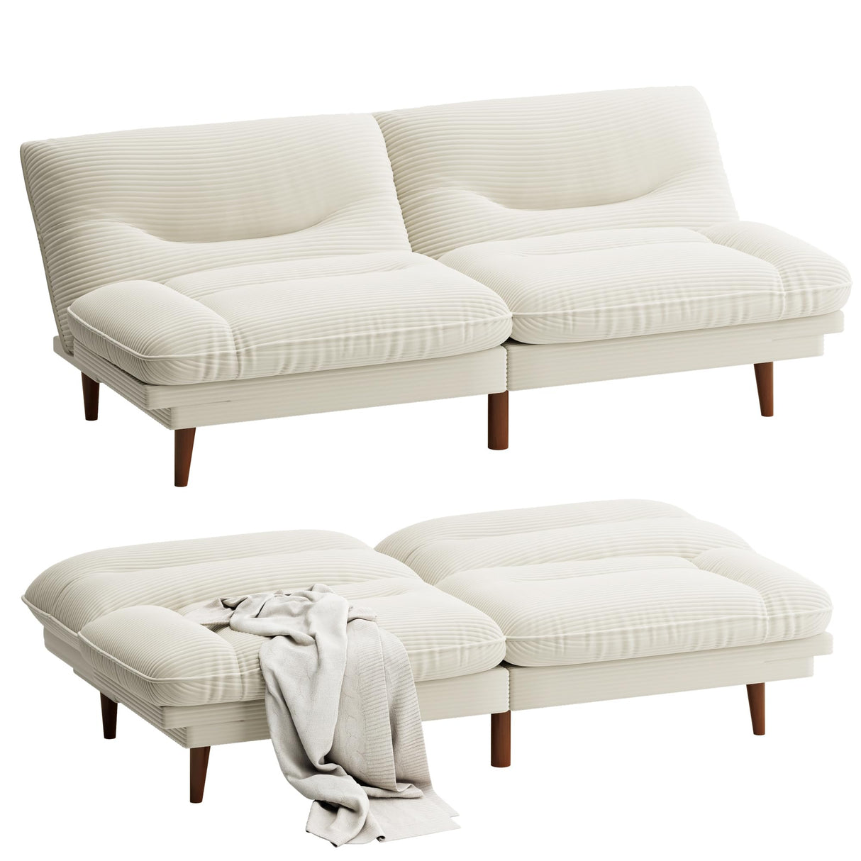 Homall Futon Sofa Bed, Modern Loveseat Futon Couch with Adjustable Backrest and Armrests, Sleeper Sofa Bed with Wood Frame for Living Room, Office, Apartment (Corduroy, White) Homall