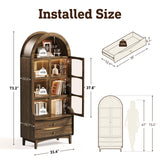 STO'SENSE 73" Tall Arched Bookshelf with LED Lights,4-Tier Modern Farmhouse Arched Bookcase with Glass Doors and Shelves,Wooden Display Cabinet with 2 Drawers for Living Room, Dining Room (Walnut) STO'SENSE