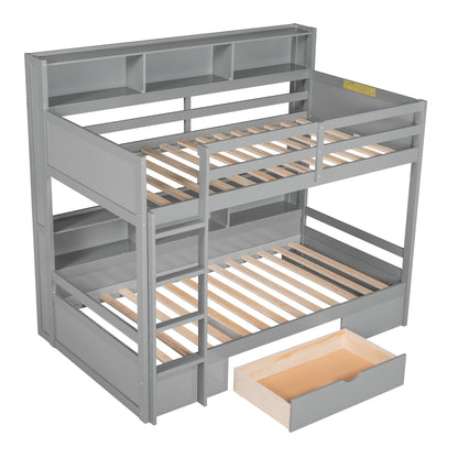 Harper & Bright Designs Twin Over Twin Bunk Bed with Storage and Shelves in Grey - WoodArtSupply