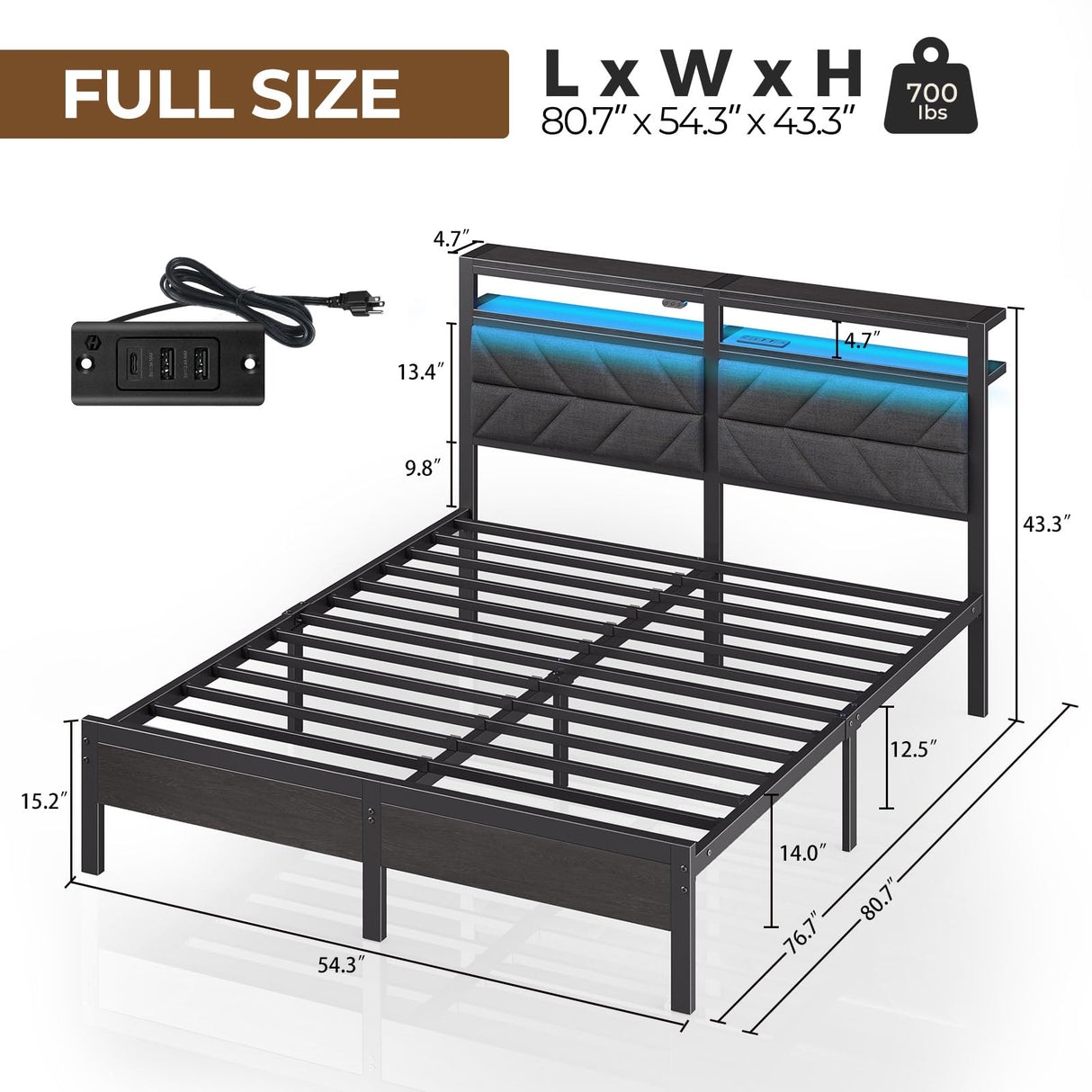 Seventable Bed Frame Full Size with Charging Station, LED Bed with Upholstered Storage Headboard, Metal Platform Bed with Under Bed Storage, No Box Spring Needed, Noise Free, Easy Assembly, Grey Seventable