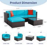 Vongrasig 5 Piece Furniture Sets, All-Weather Brown PE Wicker Outdoor Couch Sectional Small Patio Conversation Garden Sofa Set w/Ottoman, Glass Table, Blue Vongrasig