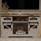 Fameill TV Stand for Televisions up to 65 Inch with Sliding Barn Doors, Glass Media Entertainment Center Storage Cabinet, Adjustable Led Light Farmhouse Console Table, Mid Century Modern White Fameill