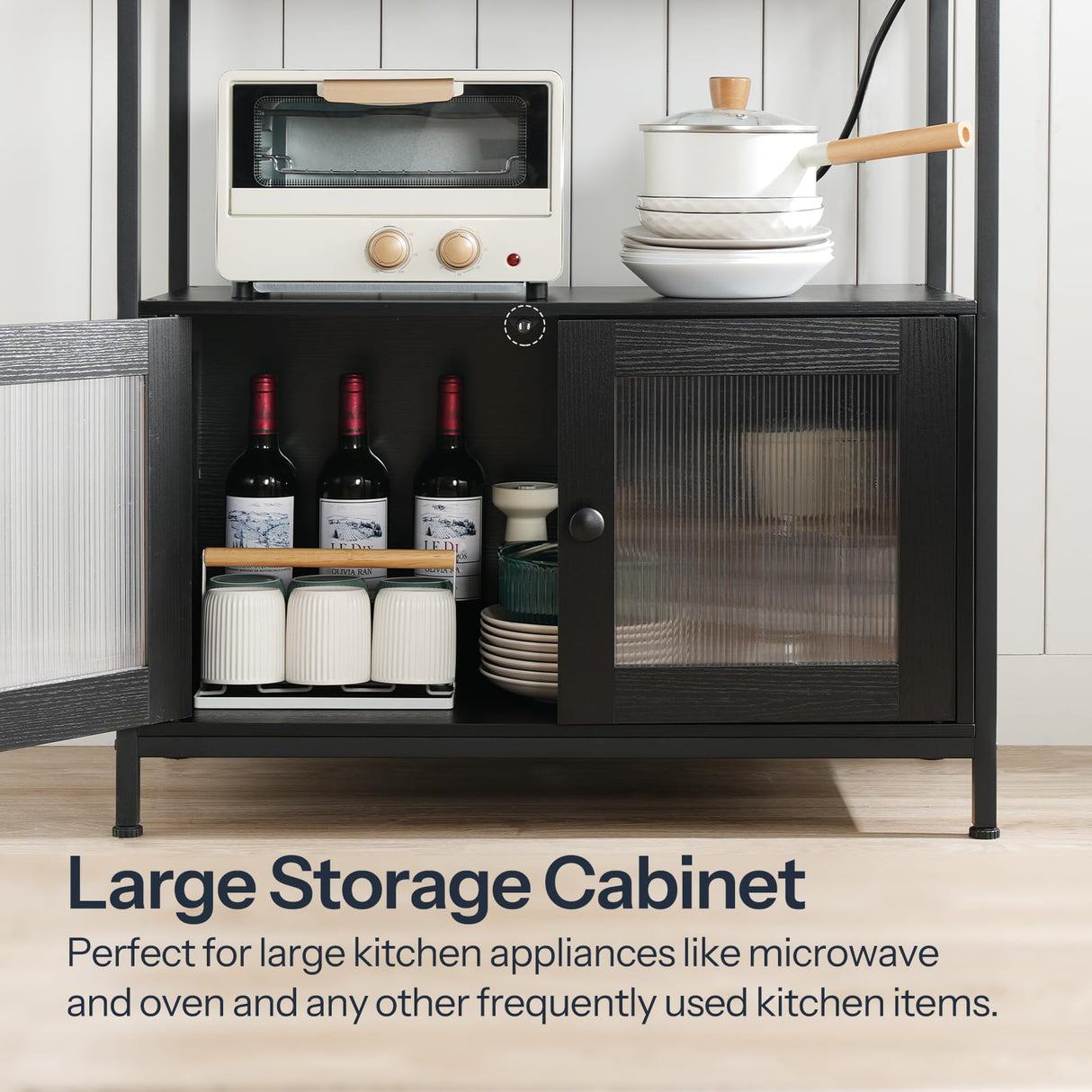 HOOBRO Bakers Rack with Storage Cabinet, 5-Tier Coffee Bar with Power Outlet and LED Lights, Industrial Microwave Oven Stand with Shelves, Kitchen Storage Shelf with Cabinet, Black BB13UDHB01 HOOBRO