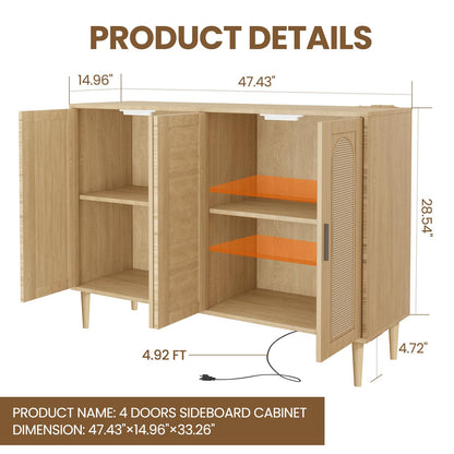 Patikuin Rattan Sideboard Buffet Cabinet, 4 Doors Accent Storage Cabinet, Console Table Coffee Bar with Power Outlet, Adjustable Shelves for Kitchen, Dining Room, Hallway, Living Room, Natura - WoodArtSupply