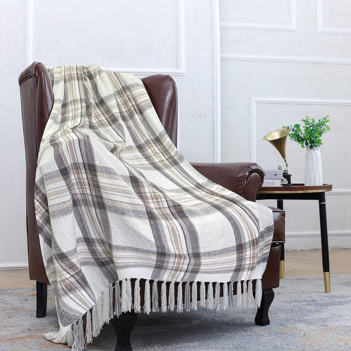 Taupe Grey and White Plaid Decor Tartan Blanket, Lightweight Soft Chenille Striped Knitted Rustic Farmhouse Throw with Tassels for Couch Sofa Chair Bed Office Home, 50" x 60" Snugtown