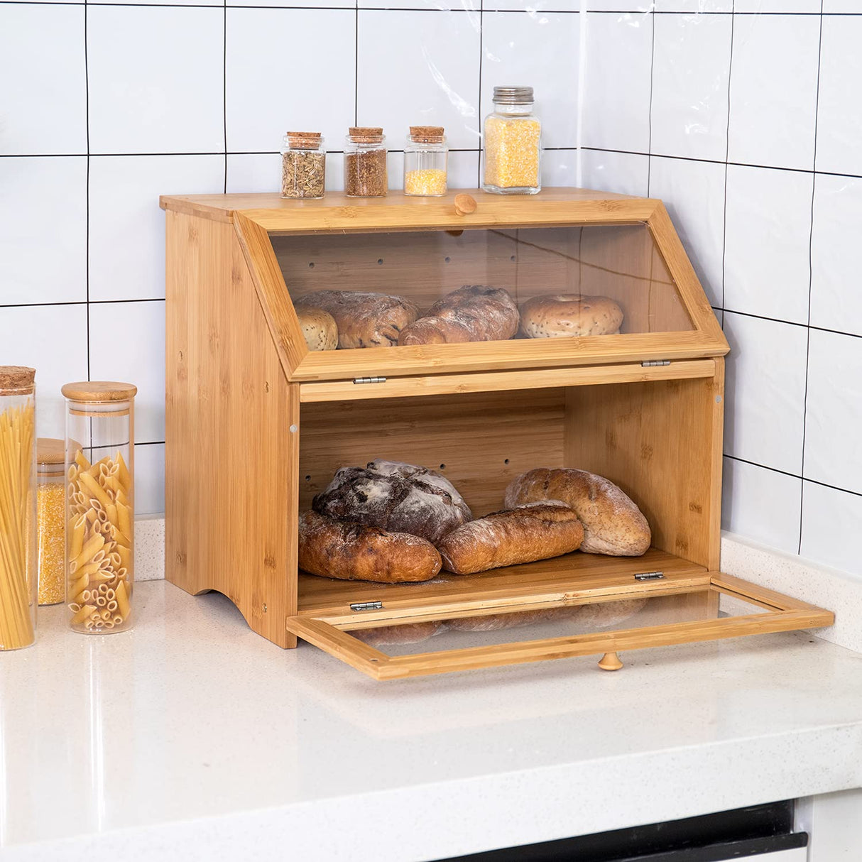 HOMEKOKO Double Layer Large Bread Box for Kitchen Counter, Wooden Large Capacity Bread Storage Bin (Natural Bamboo) HOMEKOKO
