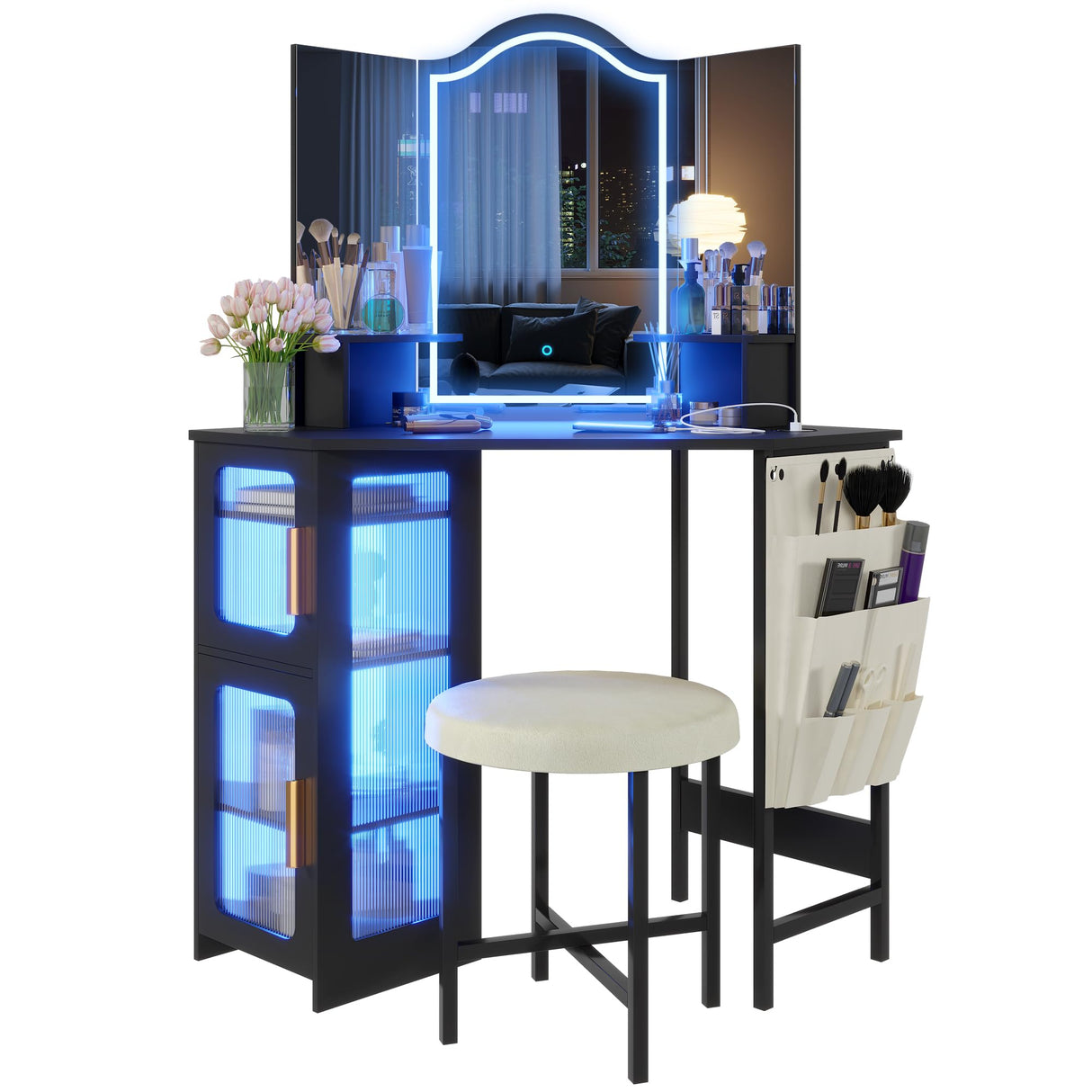 LVSOMT Corner Vanity Desk with Mirror and Lights, Makeup Vanity with Charging Station, Dressing Table with 3 Lighting Options, Vanity Set with Stool, Women’s Vanity for Bedroom, Black LVSOMT
