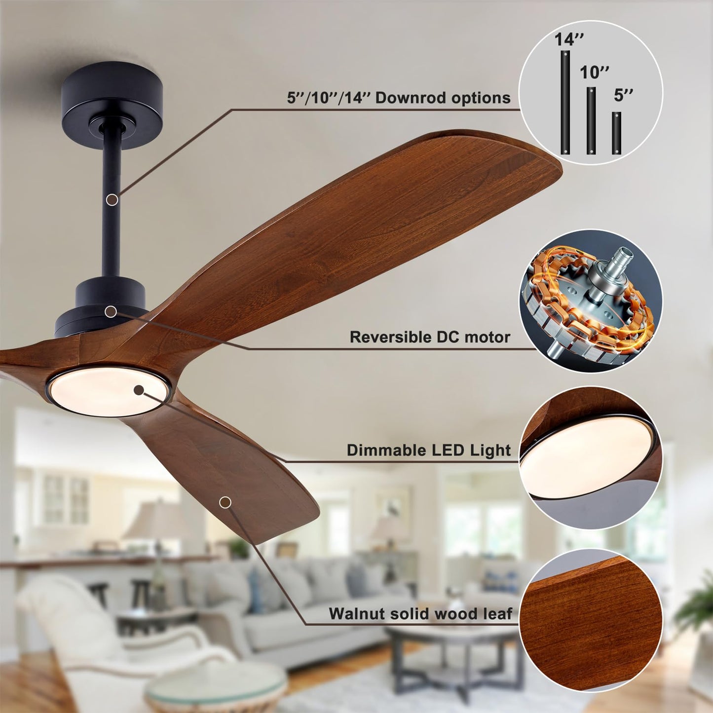 QUTWOB 60" Wood Ceiling Fan with Lights Remote Control,Quiet DC Motor 3 Blade Ceiling Fans for Patio Living Room, Bedroom, Office,Indoor Outdoor(Black+Walnut)