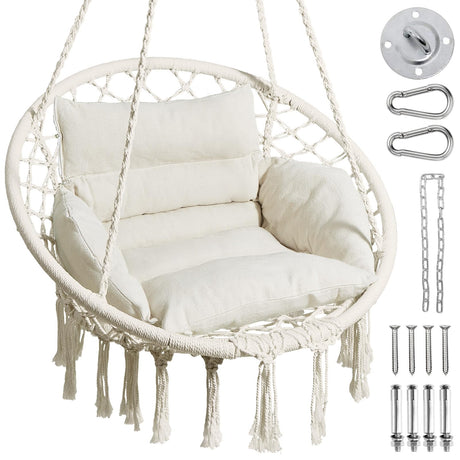 Greenstell Hammock Chair, Macrame Swing Chair with Comfy Cushion, Boho Hanging Chair for Outdoor & Indoor, Perfect for Bedroom, Patio, Balcony, Hold up to 330Lbs, Beige GREENSTELL
