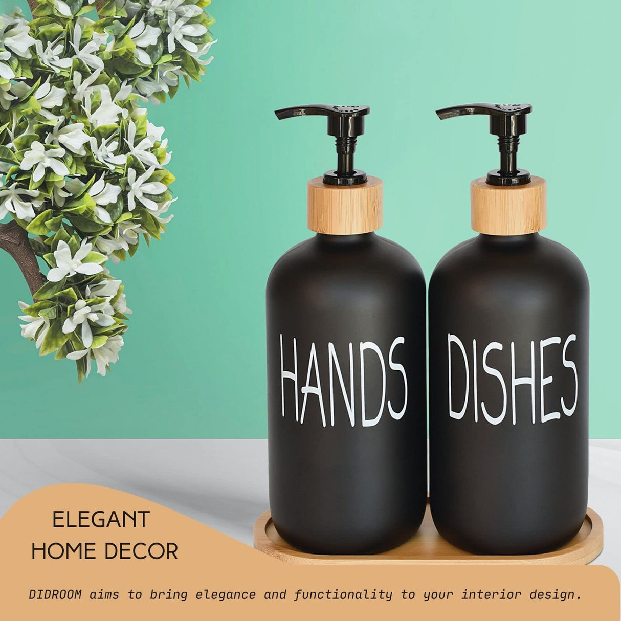 Glass Soap Dispenser Set. Hand Soap and Dish Soap Dispenser with Bamboo Tray. Vintage Soap Dispenser with Pump for Kitchen Sink and Bathroom. Stylish Permanent Label (Matte Black) DIDROOM