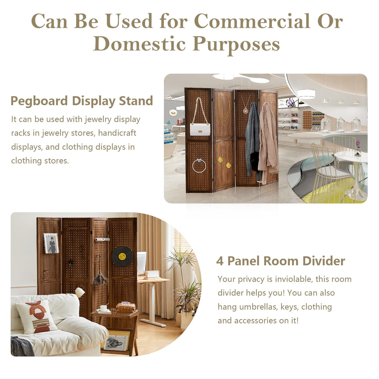 Leesinwing 4 Panel Room Dividers and Folding Privacy Screens, 5.6Ft Wooden Pegboard Display, Privacy Dividers for Bedroom, Portable Dispxlay Board Organizer for Store, Jewelry Display, Dark Brown Leesinwing