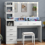 Gyfimoie White Vanity Desk with Mirror and Lights, 8 Drawer Makeup Vanity Table with Glass Top, Power Outlets and RGB Lights, Women & Girls Dressing Table with Lighted Mirror（Stool Not Included） Gyfimoie