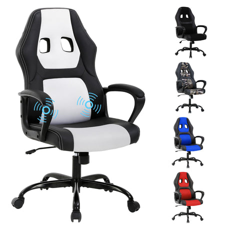 White Massage Gaming Chair for Kids, Ergonomic Office Chair Computer Chair with Adjustable High Back & Armrest, PU Leather Gamer Chair with 360°Swivel, Heavy Duty Gaming Chairs for Adults, Teens BORGEBY