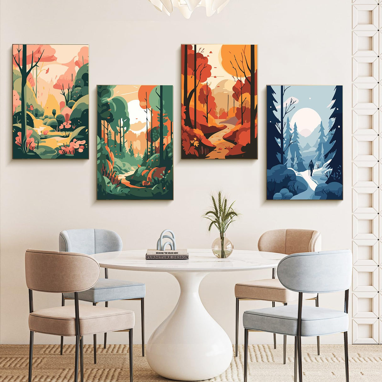Offito 4 Pack Framed Paint by Numbers Kit for Adults Beginners with Wooden Easel, Four Seasons Easy Paint by Number Kit with Frame, Watercolor Adult Paint by Number Framed Canvas (8 * 12 Inch) Offito