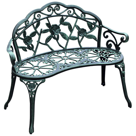 Outsunny Outdoor Bench, Cast Aluminum Outdoor Furniture, Metal Bench with Floral Rose Accent & Antique Finish, Green Outsunny