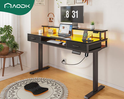 AODK Electric Standing Desk with Drawers & Keyboard Tray, 55 Inch Height Adjustable Desk with Power Outlets & LED Lights, Sit Stand Table with Monitor Stand for Home, Office, Black - WoodArtSupply