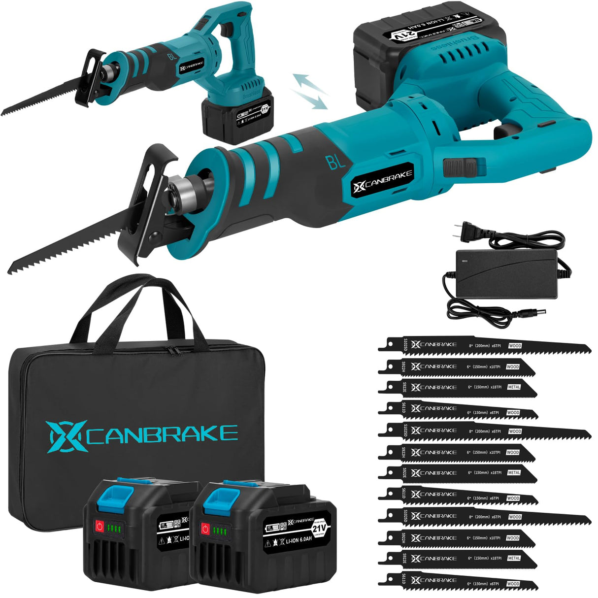 Cordless Reciprocating Saw with Rotated Handle, 2 x 6.0Ah Battery Brushless Power Reciprocating Saw with 12Pcs Blades, 28MM Reciprocating Stroke, Multiple Angles Cutting for Wood/Metal/PVC Canbrake