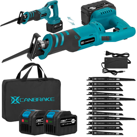 Cordless Reciprocating Saw with Rotated Handle, 2 x 6.0Ah Battery Brushless Power Reciprocating Saw with 12Pcs Blades, 28MM Reciprocating Stroke, Multiple Angles Cutting for Wood/Metal/PVC Canbrake