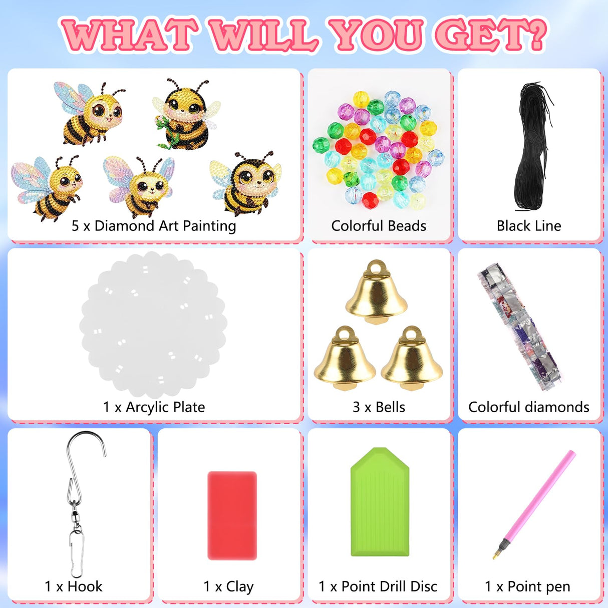 Bowetile 5D Diamond Art Kits for Adults, Bee Diamond Art Wind Chimes, Diamond Painting DIY Wind Chime Kit, Diamond Painting Wind Chimes Suncatchers, Art Kits for Adults Teens Garden Home Decor Bowetile