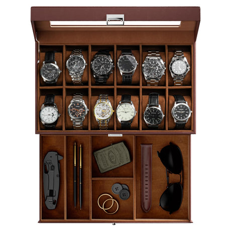 ProCase Watch Box for Men, 12 Slot Mens Watch Case With Drawer, Watch Display Case With Glass Lid, 2-Layer Watch Holder Organizer, Jewelry and Watch Storage for Men Women -12Slot, Espresso ProCase