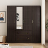 AIEGLE 4 Doors Wardrobe Armoire with Mirror, 63" Wide Large Freestanding Armoire Wardrobe Closet with 2 Drawers, Shelves & 2 Hanging Rods, Bedroom Clothes Storage Cabinet Organizer, Black Brown AIEGLE