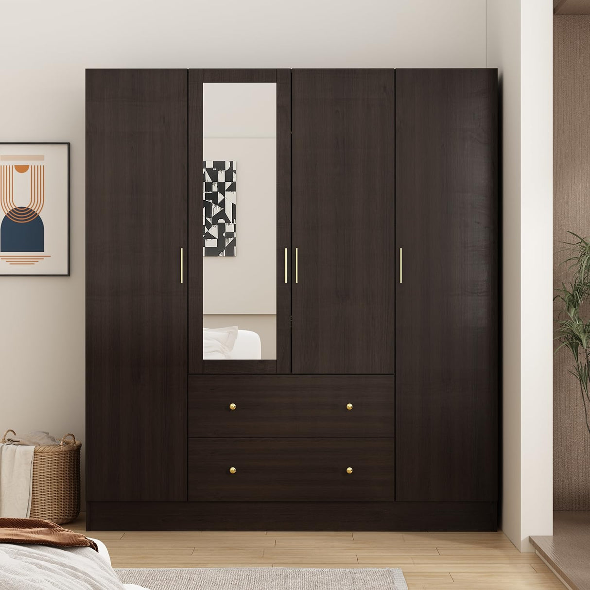 FUNSIR 4 Doors Bedroom Wardrobe, Wood Armoire with Mirror, 2 Clothes Hanging Rails, 5 Storage Shelves and 2 Drawers, 63" Wide Bedroom Storage Unit Clothes Organizer, Dark Brown(70.9" H) FUNISIR