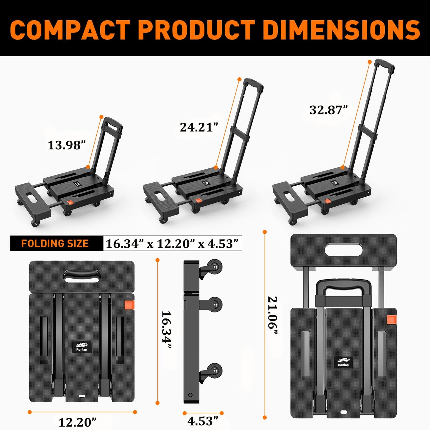 Ronlap Folding Hand Truck, Foldable Dolly Cart for Moving 500lbs Heavy Duty Luggage Cart Portable Platform Cart Collapsible Dolly with 6 Wheels & 2 Ropes for Travel House Office Moving, Black - WoodArtSupply