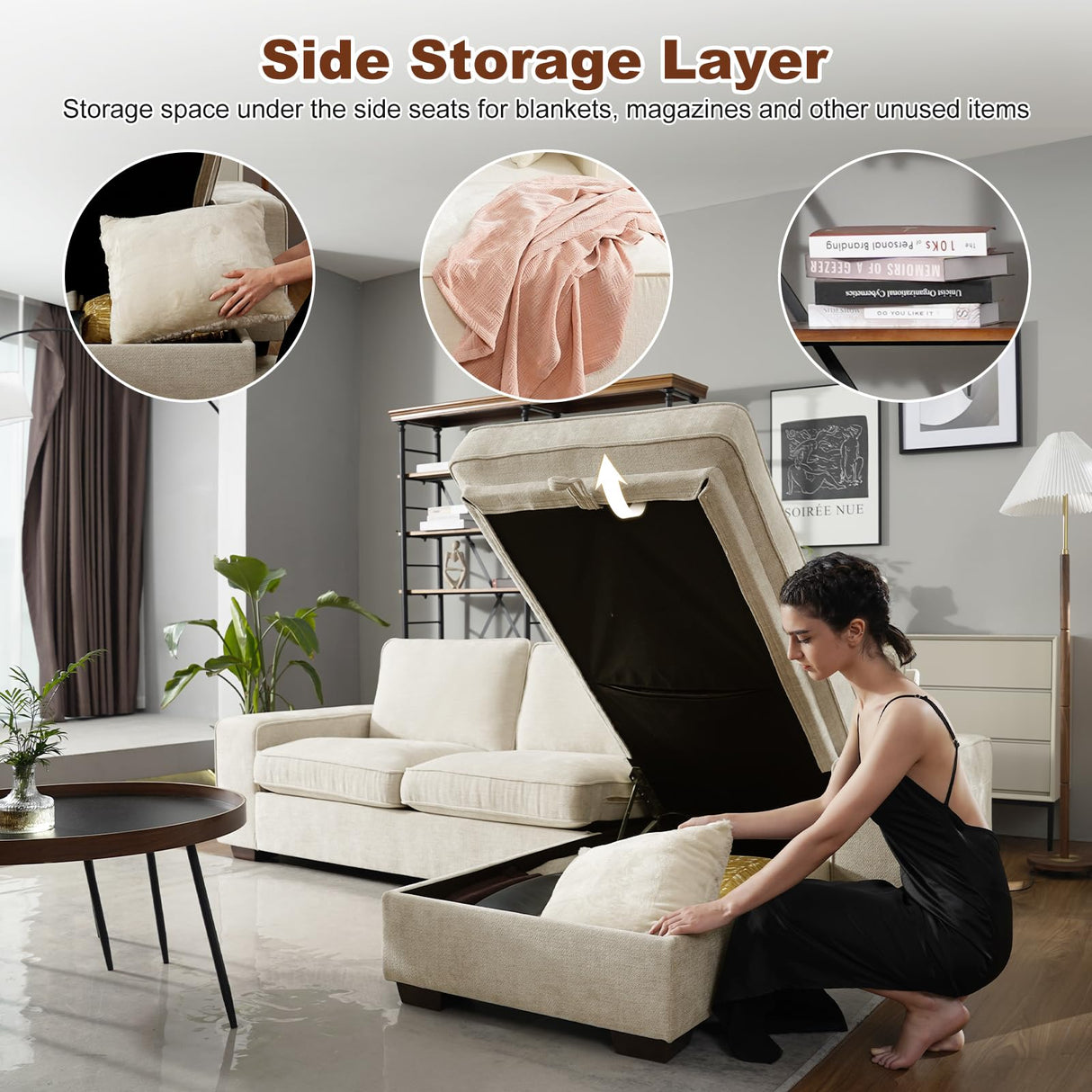 COOSLEEP 99” L-Shape Convertible Sectional Couches Sofas with 190L Storage Chaise,Chenilee Sofas with Removable Cushion and Detachable Cover,USB and Type-c Charging for Living Room COOSLEEP HOME