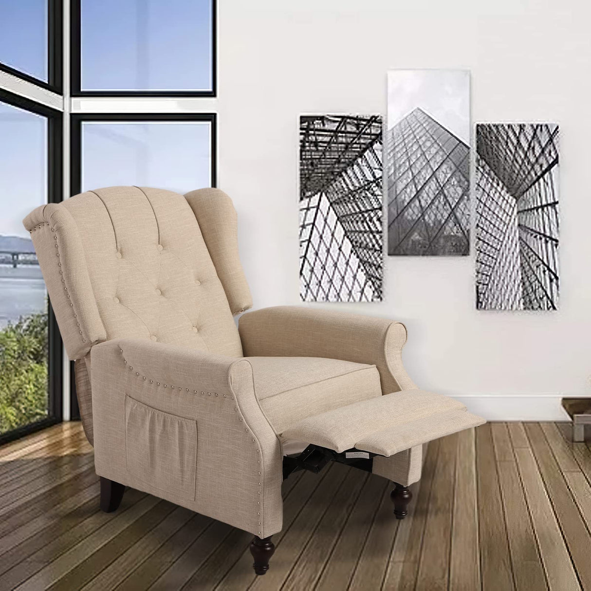 VUYUYU Wingback Recliner Chair, Push Back Arm Chair with Heat and Massage, Tufted Single Sofa for Home, Living Room, Office, Bedroom (Beige) VUYUYU