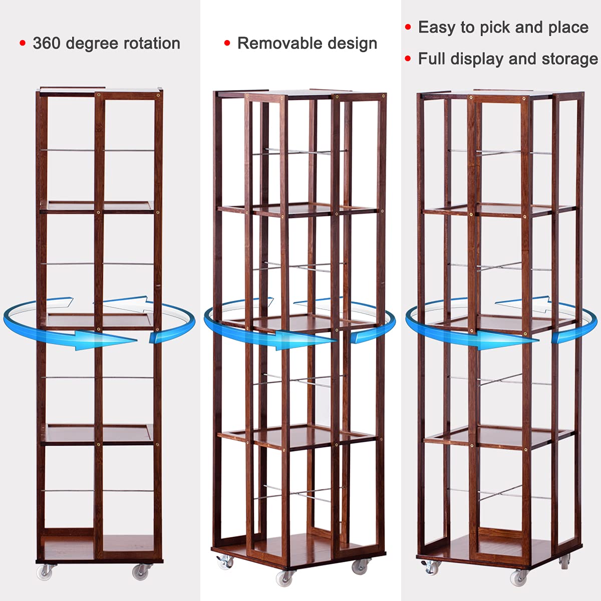 COPREE 5-Tier Walnut Bamboo Rolling Bookshelf with 360° Rotation and Wheels - WoodArtSupply