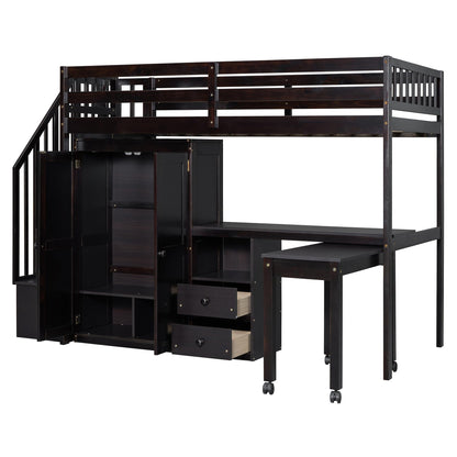 Harper & Bright Designs Twin Size Loft Bed with Stairs and Bookshelf, Wood Twin Storage Bed with Desk & Wardrobe, Space-Saving Multifunctional Furniture for Kids & Teens - Espresso