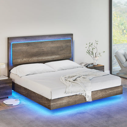 AMERLIFE Farmhouse Floating Queen Bed Frame with Recline Headboard and RGB LED Lights - Washed Gray - WoodArtSupply