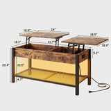 HOJINLINERO Lift Top Coffee Table with Storage/LED Lights,41.7" Small Coffee Table for Living Room,Farmhouse Coffee Table with Storage Shelf and Hidden Compartment,Dining Table Center Table,Brown HOJINLINERO