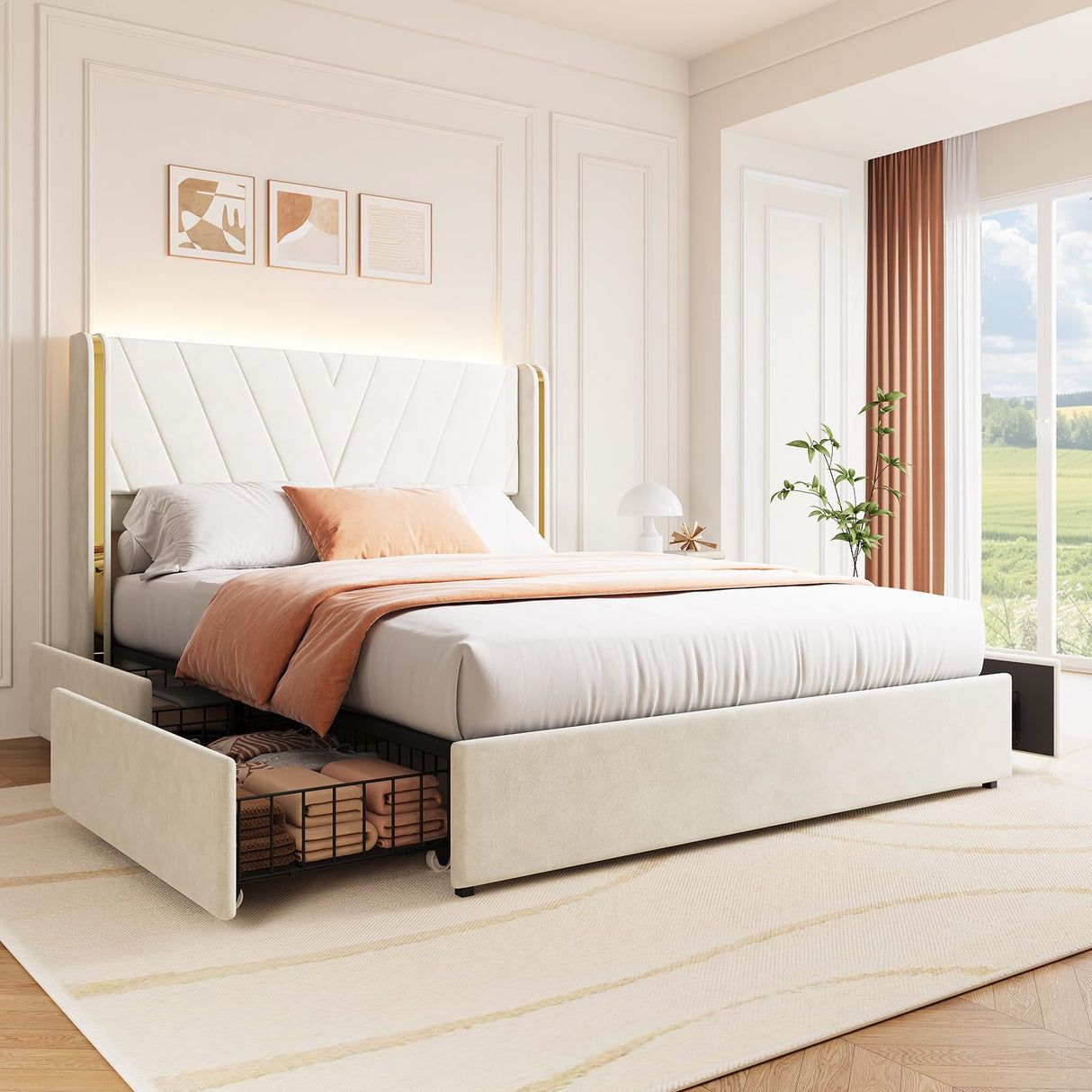 Queen Upholstered Led Bed Frame with 4 Storage Drawers, Queen Size Bed Frame with RGB Led Lights, Velvet Platform Bed Frame with Wingback Headboard, No Box Spring Needed, Noise Free, Easy Assembly JoanKaren