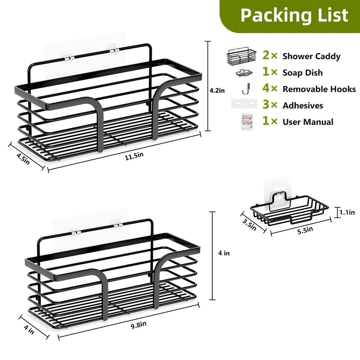 Shower Caddy, Adhesive Shower Organizer with Soap Dish and 4 Hooks, Rustproof Stainless Steel Shower Shelves, Wall Mounted No Drilling Storage Shelf Basket Accessories for Bathroom & Kitchen Yougai