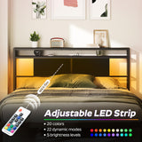 YATINEY Queen Size Headboard, Headboard with Light and Outlets, Headboard with 2 Storage Shelves, Storage Rack, Adjustable Height, Sturdy and Stable, Easy Assembly, Black YATINEY