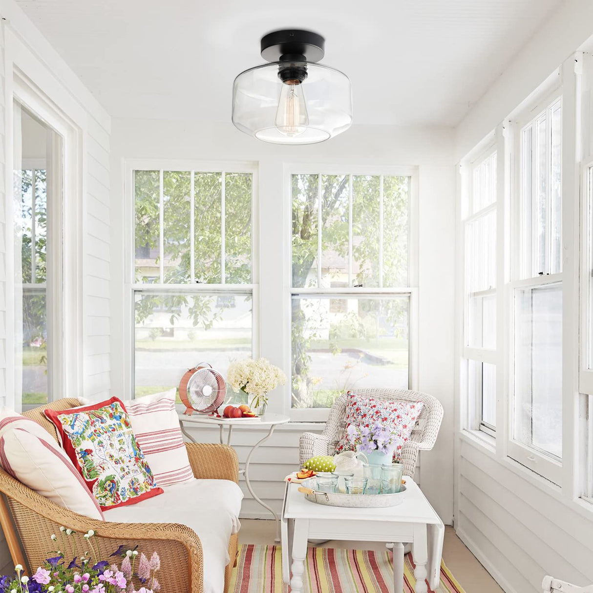 MAXvolador Industrial Semi Flush Mount Ceiling Light, Clear Glass Pendant Lamp Shade, Farmhouse Lighting for Hallway, Vintage Hanging Light Fixtures MAXvolador